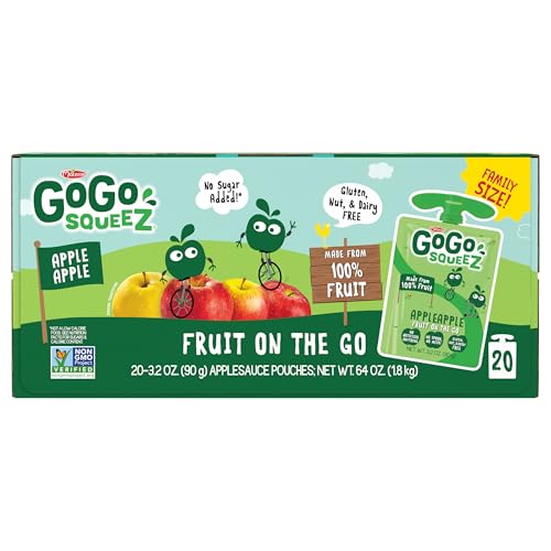 GOGO SQUEEZ FRUIT ON THE GO, APPLE APPLE, 3.2 OZ (PACK OF 20), UNSWEETENED FRUIT SNACKS FOR KIDS, GLUTEN FREE, NUT FREE, AND RECLOSEABLE CAP, BPA FREE POUCHES (PACKAGING MAY VARY)