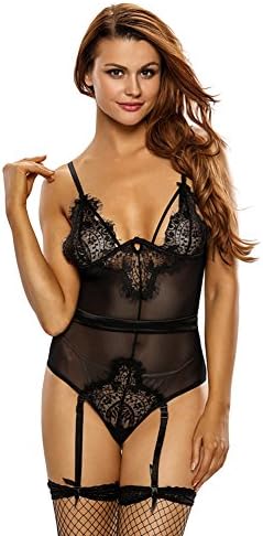 Classy Sexy Black Open Cup Lingerie Bodysuit Condole belt conjoined socks L