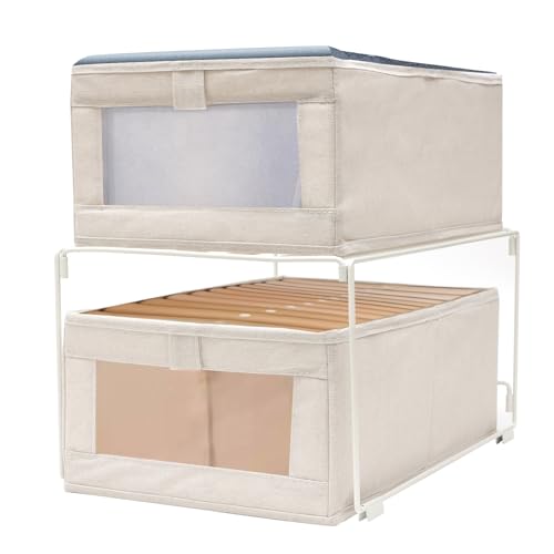 SULUNZEGER Drawer Organiser, 2 Pack Stackable Clothes Storage Box with 1 Pack Foldable Metal Closet Organizer Rack, Wardrobe Bag for Cupboard Cabinet Home Storage, (Beige) (1 set)