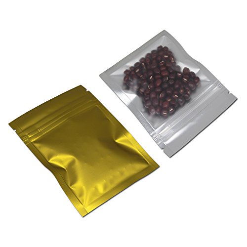100 Pack - Multi Colors Clear Front 3.9mil Mylar Ziplock Heat Seal Bag Aluminum Foil Smell Proof Pouch Long Term Food Storage Bag Resealable Zipper Soap Cosmetic Sample 2.9"x3.9" (Gold)