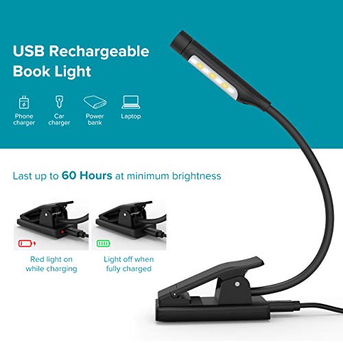 TOPELEK 7 LED Reading Light, Rechargeable Book Light with Stepless Dimming, Adjustable Color Temperature, Knob Control, Easy Clip On Reading Lamp for Night Reading in Bed