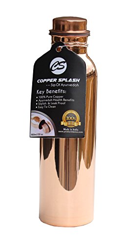 Copper Splash Pure Copper Water Bottle - no Joint and Leak Proof Copper Pitcher - no Messy Label - Copper Vessel have Ayurvedic Health Benefits. Holds 900 Mililitre or 30 Ounce