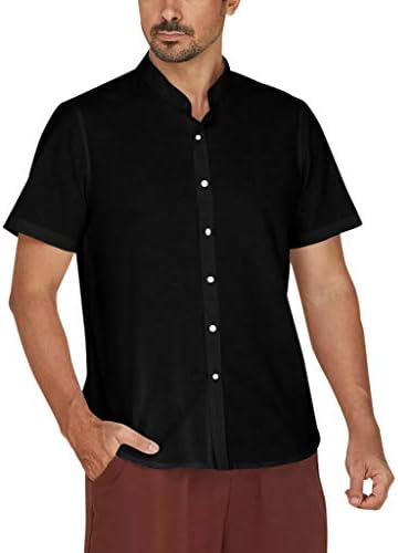 T-Shirts for Men Dainzuy Mens Short Sleeve Shirts Linen Cotton Button Down Tees Stand Collar Plain Summer Shirt Tops