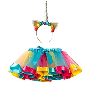 FENICAL Disfraz de Unicornio para Niñas Diadema Unicornio Floral con Oreja y Falda Tutú de Arco Iris Disfraz para Fiesta Azul Cielo