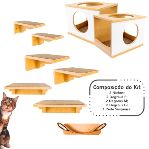 Playground Para Gatos 9Pçs Premium Resistente Já Montado Com Kit Fixação e Rede (PRETO) (Branco)