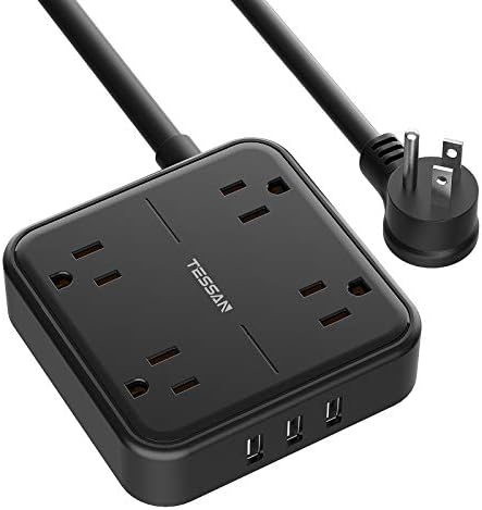 Flat Plug Power Strip with 3 USB Ports, TESSAN 4 Outlet Extension Cord Wall Mount Charging Station 5 ft Cord, Small Size for Desktop, College Dorm Room Essentials, Office, Black Flat Plug Power Strip with 3 USB Ports, TESSAN 4 Outlet Extension Cord Wall Mount Charging Station 5 ft Cord, Small Size for Desktop, College Dorm Room Essentials, Office, Black