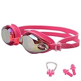 Tinted Adult Swim Goggles - Antifog Mirrored Lens Swimming Goggle,Leak Proof with S,M,L Size Nose Bridge,Comfortable for Adults,Men,Women,Youth,Kids 12 + EarPlugs + Nose Clips (Pink)