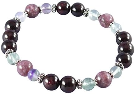 Garnet Bracelet with Fluorite, Lepidolite, 7 1/2", Sterling Silver, Stretch