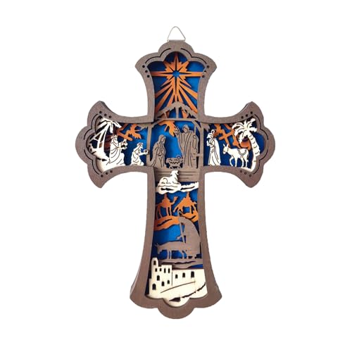 KOMI Wooden Nativity Cross for Wall, 9 Inch Wood Carved Manger Scene Wall Cross Hanging Decor Catholic Religious Wall Art Perfect for Office Living Room Christmas Gifts