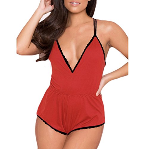 Women-Halter-Satin-Lingerie-Bodysuit-One-Piece-Lace-Babydoll-Short-Jumpsuit-Pajamas-Red-XL
