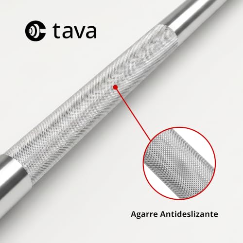 Tava Club Barra Olímpica Recta 1.2 m para Discos de 50mm (2 pulgadas) Barra de Pesas y Gym en Casa - Acero Cromado, Agarre Antideslizante 6 kg, Incluye 2 Clips de Seguridad