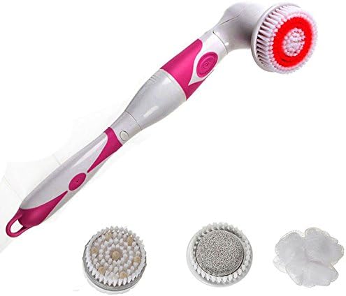 Electric Spa Massage Brush Spin Shower Facial &amp; Body Cleansing Brush Kit with Long Handle and 4 Attachments (Medium, red)