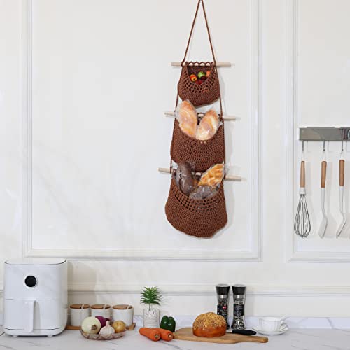 Hanging Kitchen Storage Basket, Brown 3 Tier Wall Hanging Fruit Baskets Cotton Woven Pantry Organizer Vegetable Keeper Boho Home Decorative Planter Holder With 3 Hooks & 3 Adhesive Hooks