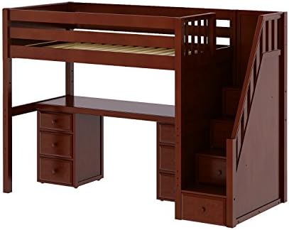 Maxtrix Solid Hardwood Twin-Size Low Loft Bed with Storage Staircase Entry, Integrated Desk, and 2x 3 1/2 Drawer Dresser, Chestnut