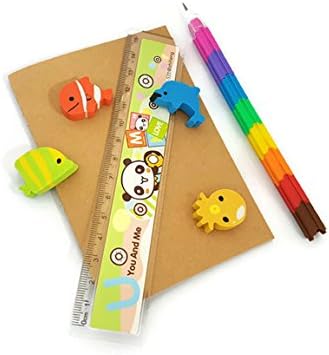 BUMOS Supply Stationary Set Includes Stackable Plastic Pencils Rainbow Color, Eraser, Ruler and Notebook (SE-A3)