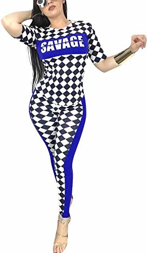 Nvxiyya Women Color Block Work Print Crop Top Skinny Running Legging Jumpsuits Set Tracksuit Blue XXL