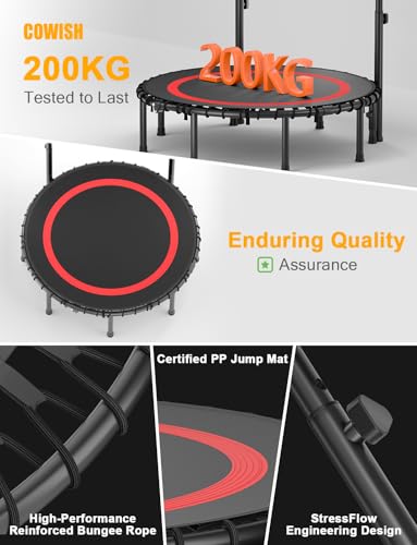 COWISH Foldable Fitness Trampoline with Adjustable Foam Handle - Max Load 200kg, 40''/48'' Quick Install Exercise Rebounder for Indoor/Outdoor Cardio Workout, Adults & Kids