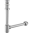 SEABEFORE Brass Round Bottle P-Trap with Pop Up Drain Stopper with Overflow,1 1/4 Adjustable Basin Sink Waste Drain Trap Kit,Brushed Nickel P Trap