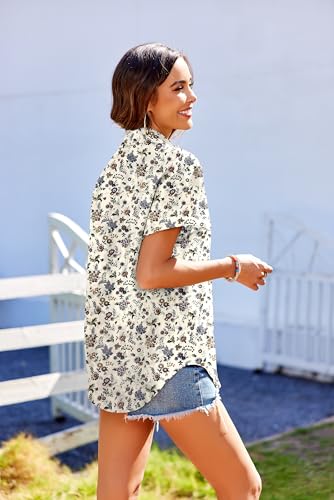 Hotouch Camisa para Mujer Informal Manga Corta Blusa de Verano Cuello de Pico Camisa de Algodón Lisa Elegante con Bolsillo Blusas de Oficina Patrón Amarillo