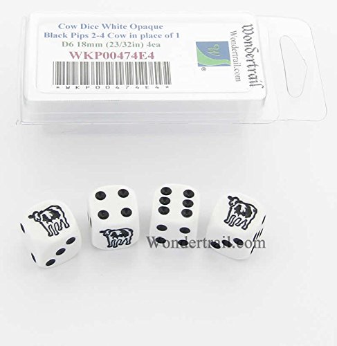 Cow Dice D6 White Opaque with Black Pips 18mm (23/32in) Set of 4 Dice Wondertrail WKP00474E4