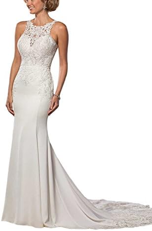 Weiterstar Women's Applique Lace High Neck Sleeveless Open Back Fishtail Chiffon Wedding Dress Ivory US2