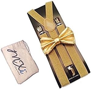 Metallic Mens Bowtie Set Youth Bow Tie and Suspenders for Men Clip Suspenders (Gold Metallic)