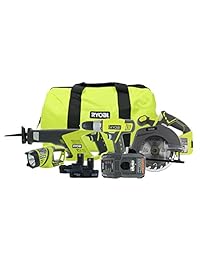 Ryobi P883 One+ - 18 V Kit de condensador inalámbrico de iones de litio (8 piezas: 1 x P704 luz de trabajo, 1 x P515 sierra repelente, 1 x sierra circular, 1 x taladro conductor P271, 2 x baterías, 1 x cargador, 1 x bolsa)