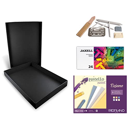 Honsell 14-99890 - Pastellfarbenset "Pastelli" - Künstler Set, Schwarze Aufbewahrungsbox mit 24 Soft-Pastellkreiden, Zeichenzubehör-Set und einem Zeichenblock in DIN A4