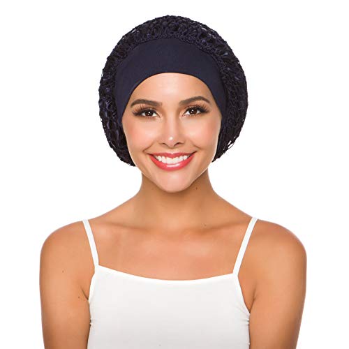 Women's Vintage Full Head Crochet Hair Net Snood Sleep Bonnet Cap Hair Accessories (Navy Blue)