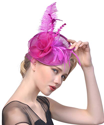 Obosoyo Sinamay Fascinator Hat Feather Mesh Net Veil Cocktail Party Hat Flower Derby Hat for Women (4Rose)