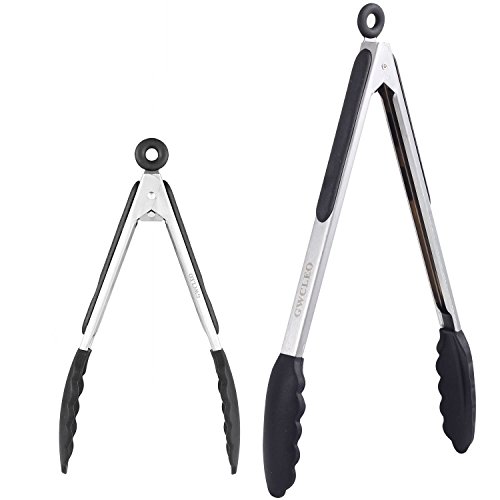 Pinzas-de-Cocina-GWCLEO-Pinzas-para-Barbacoa-en-Acero-Inox-y-Silicona-Pinzas-para-Ensalada-y-Servir-con-Consejos-sin-Rasguos-y-Mangos-de-Cojn-de-Silicona-Anti-DeslizanteNegro-9-y-12-Pulgadas