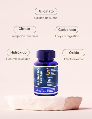 MAGNESIO 5 COMPLEX - Maklen Magnesio Complex - Glicinato, Citrato, Carbonato, Oxido e Hidroxido + Omega 3 - Capsulas Vegetales V-Caps® de 900 mg - Apoya Energia, Relajacion Muscular y Sueño