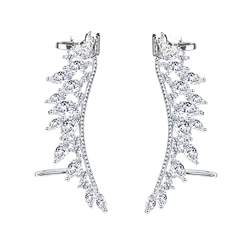 CZ Feather Crystal Cuffs Ear Crawler Climber Earrings for Women Girls 925 Sterling Silver Post Pin Dainty Statement No Piercing Wing Vine Wrap Sweep up Shiny Birthday Wedding Jewelry Gifts Bridal