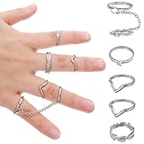 MJartoria Silver Color Leaf Rhinestone Chain Stacking Rings Set, Size 2 to 6