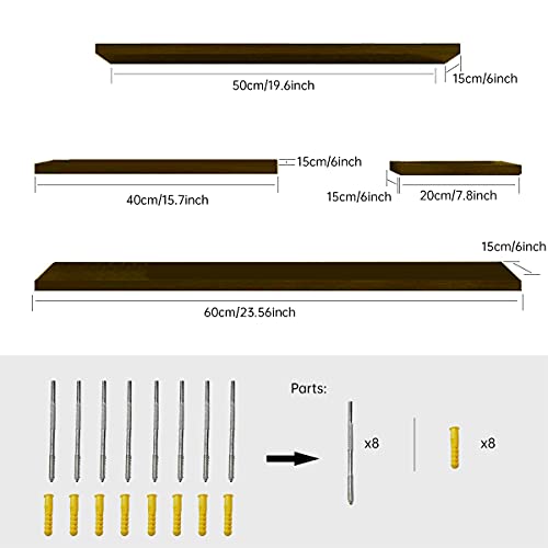 Floating Shelves, Multifunctional Set of 4 Wooden Wall Shelves, Hanging Rustic Shelves for Bathroom/Bedroom/Living Room/Kitchen/Study (Coffee)