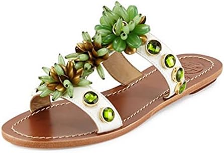 Tory Burch Sydney Embellished Sandal, Ivory/Green, Size: 7/37