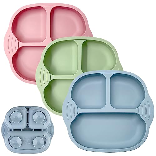 piatti per bambini con ventosa,3 pezzi piatti bambini,set di svezzamento in silicone con ventosa ciotola,posate per bambini,Piatto per Bambini Antiscivolo, Lavabile