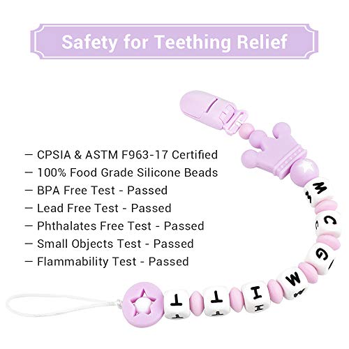 Infant Pacifier Clip Customize Name, MCGMITT Handmade Food Grade Silicone Teething Beads Chain w/BPA Free, Crown and Pentagram Teether Holder for Pacifier Toys, Gift for Boys Girls (Baby Pink)