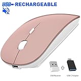 Rechargeable Wireless Mouse, 2.4G Slim Mute Silent Click Noiseless Optical Mouse with USB Receiver (Stored at Bottom of The Mouse) Compatible with Notebook, PC, Laptop, Computer, MacBook (Rose Gold)