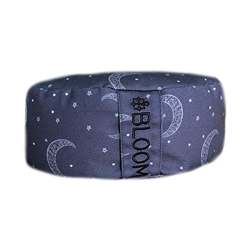 BLOOM Zafu Meditation Pillow Cushion, Round Yoga Bolster – Adjustable Buckwheat Hull Fill, Premium Cotton, Removable Washable Case, Carry Handle, Zipper (Blue Moon)
