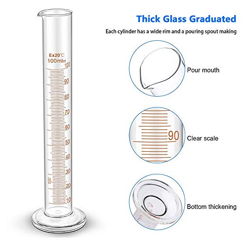 LTKJ Thick Glass Graduated Cylinder Measuring Bottle Set 5ml 10ml 50ml 100ml Glass with 2 Cleaning Brushes Chemistry Lab Graduated Measure Tools