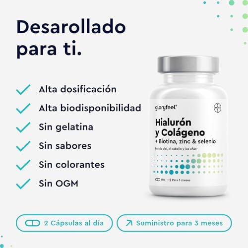 Colágeno + Ácido Hialurónico - Soporte al cabello, piel, huesos + sistema inmunitario - Fórmula con 1000 mg de colágeno hidrolizado + Vitamina C, Biotina, Zinc, Selenio y otros - 180 Cápsulas