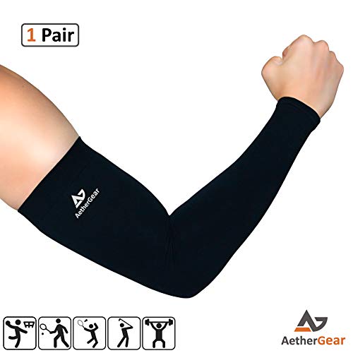 AetherGear Compression Arm Sleeve - Protection Cover Arm Sleeves Men and Women to Promote Recovery, Circulation and Performance for Basketball, Baseball, Golf, Tennis, Cycling, Weight Lifting, and Sports (1 pair)