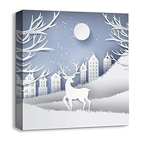 Canvas Wall Art Snow Deer Merry Christmas Painting Artwork for Home Prints Framed - 12x12 inches