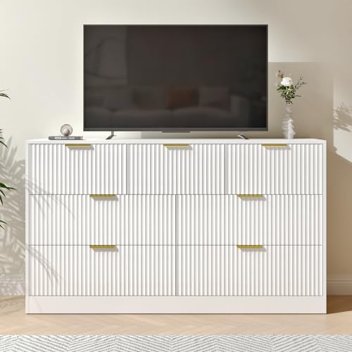 BAZELOR Dresser for Bedroom with 7 Drawer, 55” Wide White Dresser Modern Chest of Drawers with Metal Handle, Wooden TV Stand Storage Organizer for Entryway,Living Room, White