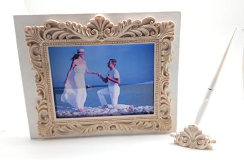 Vintage Wedding Guest Book with Picture Insert and Pen Set, Ivory Baroque Style | Fits 5 x 7 inch Photo