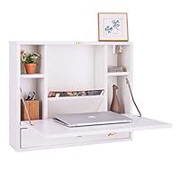 COSTWAYUS COSTWAY Wall Mounted Folding Laptop Desk Hideaway Organizer Storage Space Saver w/Drawer, White