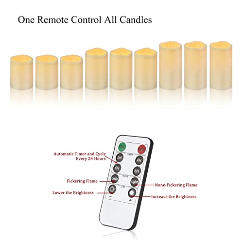 Angium Battery Powered Candles, Waterproof Outdoor Flameless Pillar Candles with 10-Key Timer Remote, Long Lasting, Set of 9