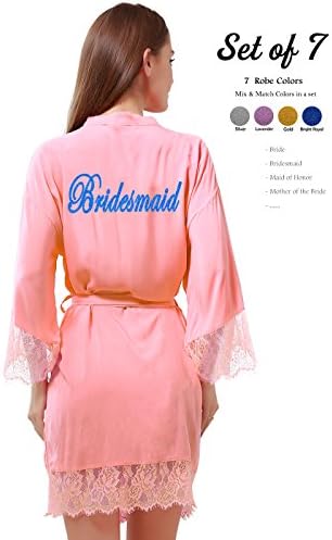 GoldOath Wedding Robes for Bridal Party Set of 7 Women's Cotton Kimono Robe Gifts to Bride Bridesmaid with Lace Trim V-Neck