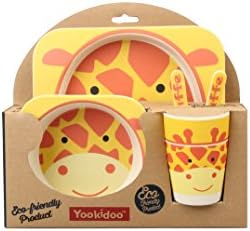 5 PC SET - Super Cute Animal Theme Kids Dinnerware Set - Eco-Friendly Bamboo - BPA Free (Multiple Designs) (Giraph)